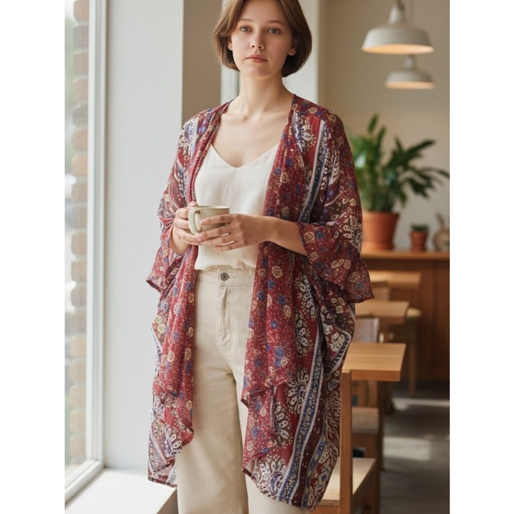 Umgee Red Floral Ruffle Kimono